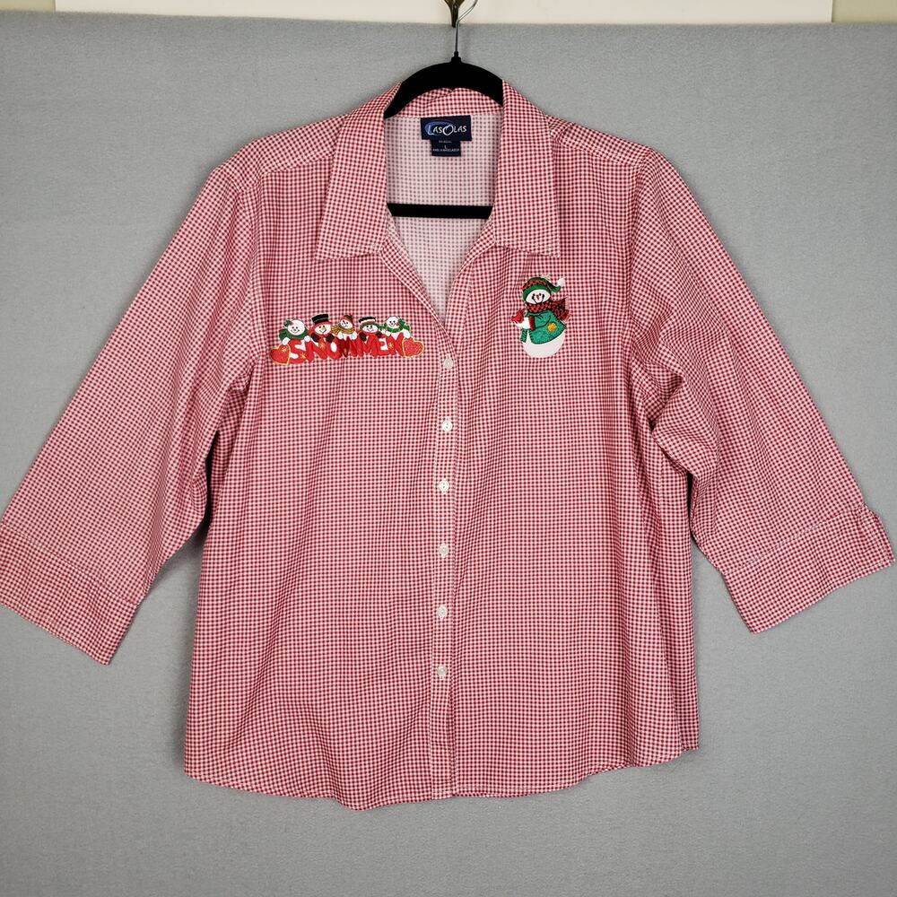 LasOlas Size L Snowmen Embroidered Button Up Red Plaid Holiday Winter Grannycore